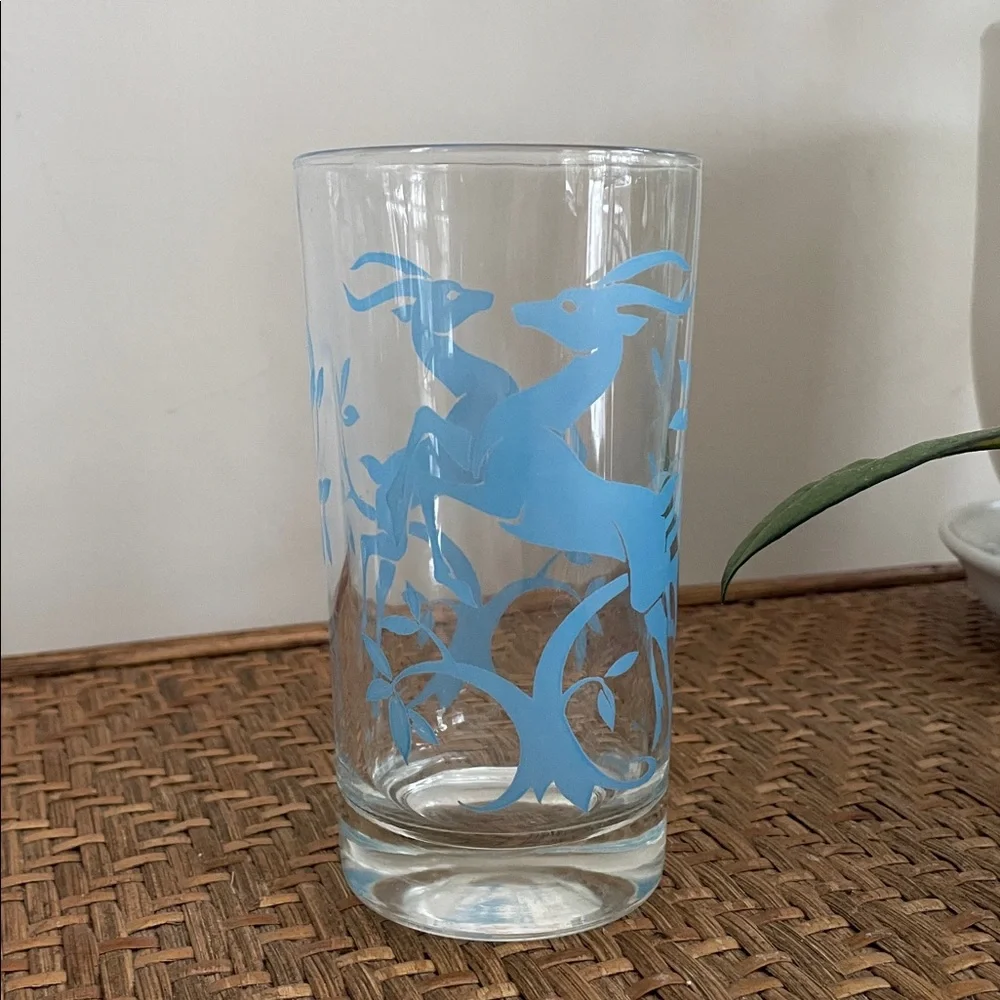 Set of Four Federal MCM Mid Century Leaping Gazelle 5” Blue Glasses-Barware